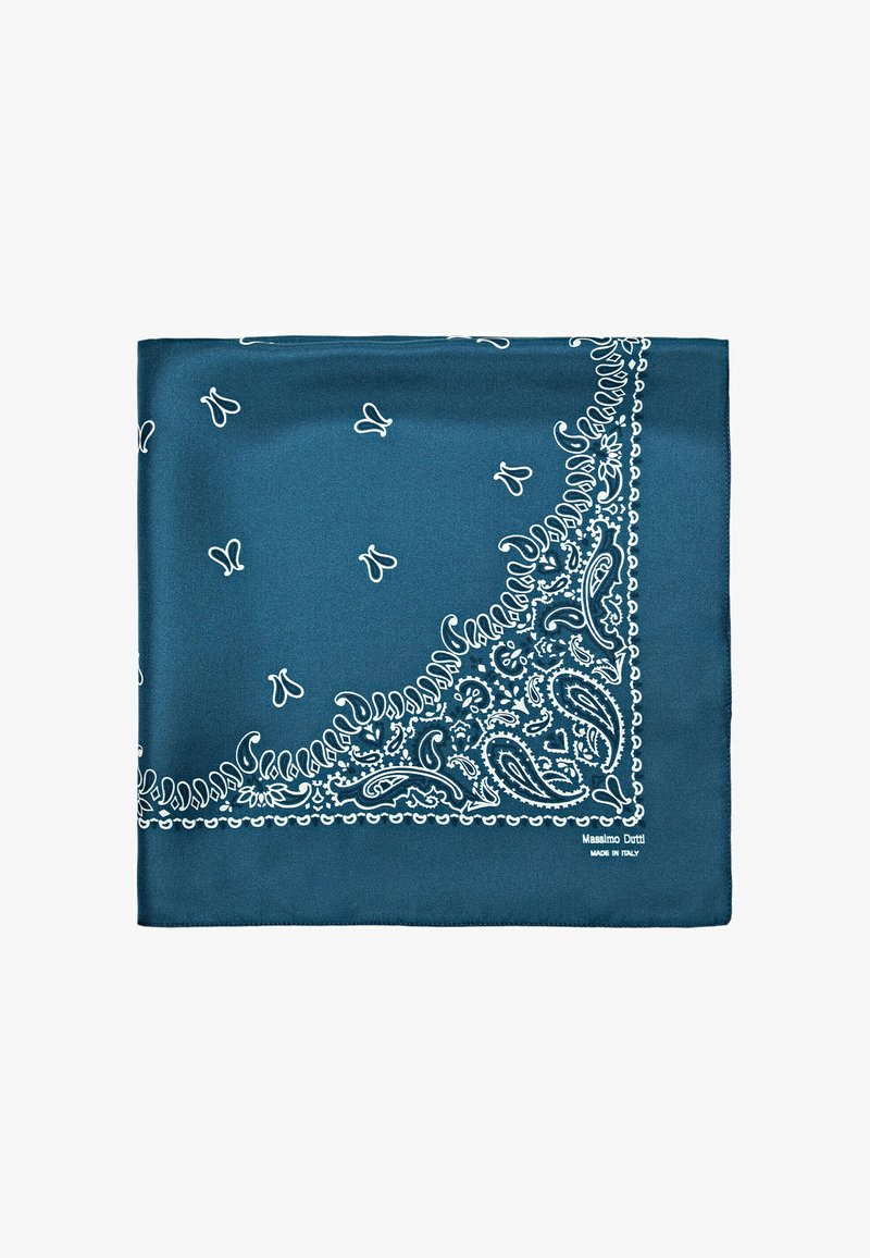 Blaues quadratisches Seidentuch mit weißen Paisley- und Blumenrandmustern, kleinen weißen Motiven verteilt im Inneren und Markentext in einer Ecke.