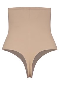 Shapewear a vita alta in tessuto nudo chiaro, texture liscia, con un design senza cuciture e aperture delle gambe sagomate.