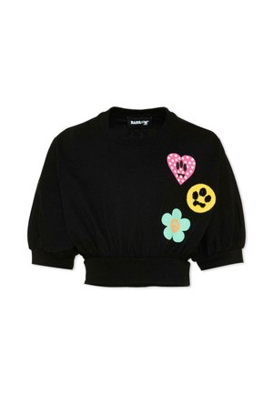 Felpa nera corta con maniche a sbuffo, decorata sul davanti con un cuore rosa a pois, una faccina gialla sorridente e toppe a forma di fiore verde menta.