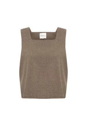 Pruun ilma varrukateta topp ruudukujulise lõikega, valmistatud tekstuuriga kangast. Omab sirget lõiget ja puhtaid ääri. Siseetikett logoga.