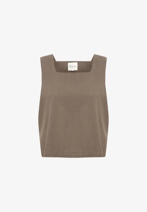 Pruun ilma varrukateta topp ruudukujulise lõikega, valmistatud tekstuuriga kangast. Omab sirget lõiget ja puhtaid ääri. Siseetikett logoga.