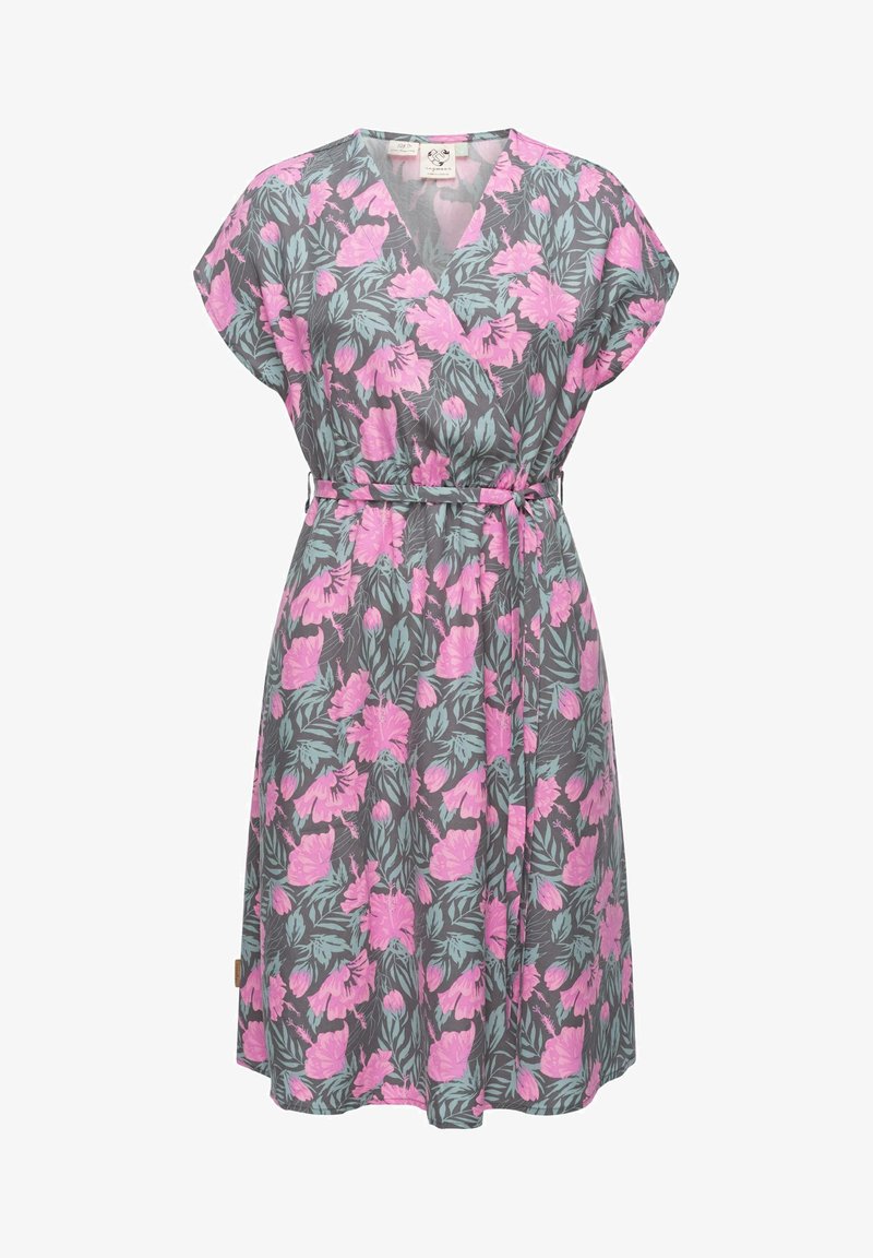 Blommig omlottklänning med en grå bakgrund, prydd med rosa blommor och gröna blad. Lättviktig tyg med korta ärmar och ett knytbälte.