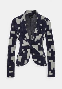 Marinblå och grå långärmad kavaj med pixelerat geometriskt mönster, sjalkrage och stängning med en knapp, skräddarsydd passform.