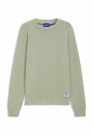 Light green sweater with a ribbed texture, round neckline, and raglan sleeves. Features a small blue label on the lower left.