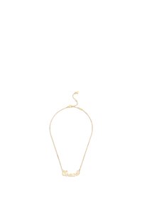 Gouden ketting met cursieve "Coach" hanger en verstelbare hartvormige sluiting op een witte achtergrond.