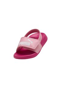 Sandali slide rosa con una fascia ampia che presenta il logo bianco "PUMA". Realizzati in materiale sintetico con una suola testurizzata per il comfort.