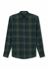 Grün- und marineblau karierte Langarmbluse mit durchgehender Knopfleiste, klassischem Kragen und geknöpften Manschetten. Hergestellt aus einem weichen Stoff mit strukturiertem Finish.