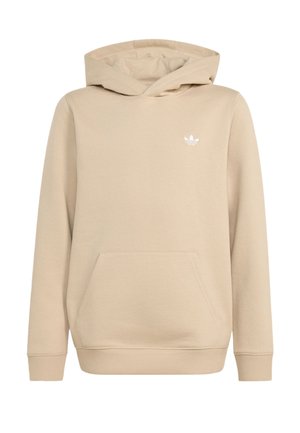 Beige hættetrøje med front kangurulomme og lille hvid Adidas trefoil-logo på venstre bryst.