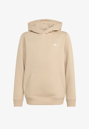 Beige hættetrøje med front kangurulomme og lille hvid Adidas trefoil-logo på venstre bryst.