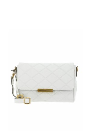 White quilted crossbody bag made of textured leather, featuring a flap closure and a gold-tone hardware accent with an adjustable strap.