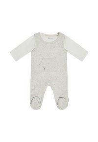 Light gray onesie with white long sleeves, textured fabric, speckled pattern, front pocket detail, and snap closures at shoulders and feet.