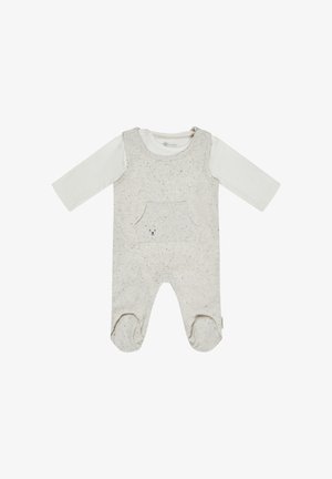 Light gray onesie with white long sleeves, textured fabric, speckled pattern, front pocket detail, and snap closures at shoulders and feet.