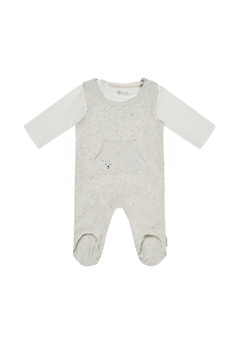 Light gray onesie with white long sleeves, textured fabric, speckled pattern, front pocket detail, and snap closures at shoulders and feet.