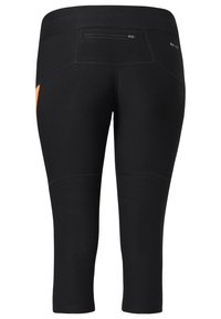 Leggings capri neri con un design aderente, realizzati in tessuto elastico. Presentano un accentuazione arancione sul lato e una piccola tasca con zip sul retro.