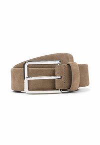 Suede belt in tan with a wide design, silver rectangular buckle, and stitched accents. Smooth texture with a minimalist style.
