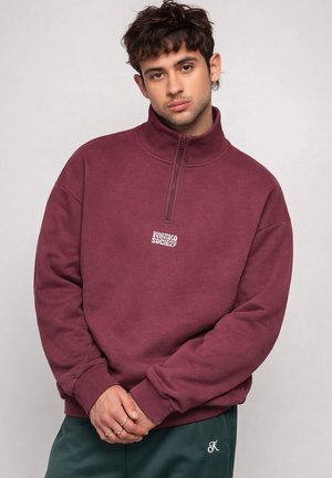 Ung mand med kort mørkt hår iført en vinrød sweatshirt med kvart lynlås og teksten "Kaotiko Society" samt mørkegrønne bukser med "K" broderi.