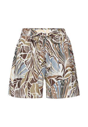 Printed shorts with a tied waist featuring a botanical pattern in earth tones, including browns, greens, and blues on a light background.