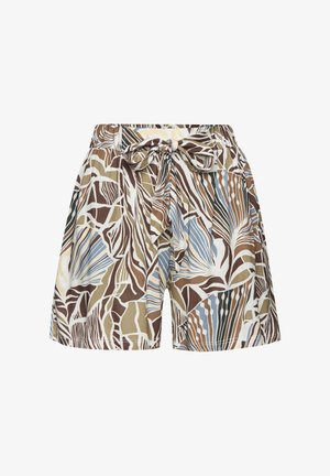 Printed shorts with a tied waist featuring a botanical pattern in earth tones, including browns, greens, and blues on a light background.