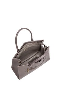 Graue Kunstleder-Tasche mit einem Reißverschluss-Hauptfach, Innenfächern, zwei Griffen und Akzenten aus Goldton. 