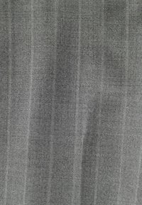 Gray fabric featuring a fine pinstriped pattern with a textured appearance, displaying a subtle weave and smooth surface.