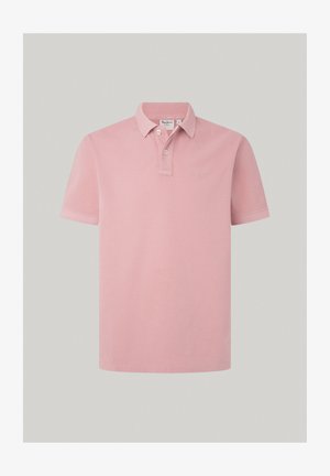 Light pink polo shirt, short sleeves, two-button collar, soft cotton fabric, logo embroidered on chest, flat hem.