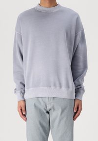 Lys grå crewneck sweatshirt med en afslappet pasform, ribbet krave og manchetter samt diskret sømdetalje, parret med lys grå bukser.