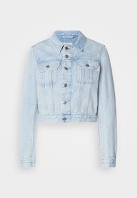 Lys blå denim kort jakke med lange ermer, frontlommer, sølv knapper og søm detaljer. Glatt tekstur, klassisk design.
