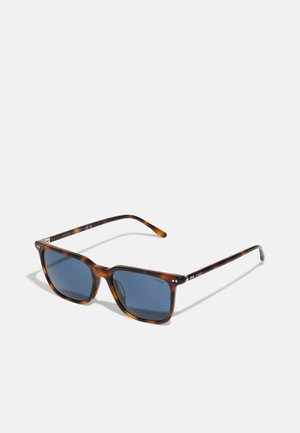 Tortoiseshell sunglasses with rectangular frames, blue lenses, and metal accents featuring the logo "POLO" on the arms.