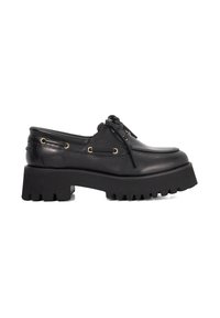 Black leather shoes with a rounded toe, thick platform sole, and side grommet detailing. Features laces and a smooth texture.