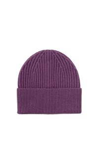 Berretto lavorato a maglia in viola scuro, caratterizzato da una texture a coste e un risvolto piegato. Realizzato con un materiale morbido e caldo, adatto per il clima freddo.