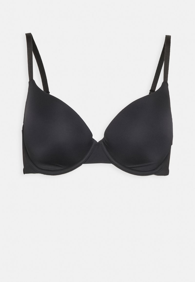 Soutien-gorge noir rembourré avec bretelles réglables, texture lisse, décolleté plongeant et bonnets sans coutures pour un look ajusté. Les bandes offrent un soutien sous la poitrine.