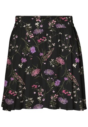 Zwarte rok met elastische tailleband, voorzien van een bloemenpatroon in tinten roze, paars, wit en groene stelen en bladeren.