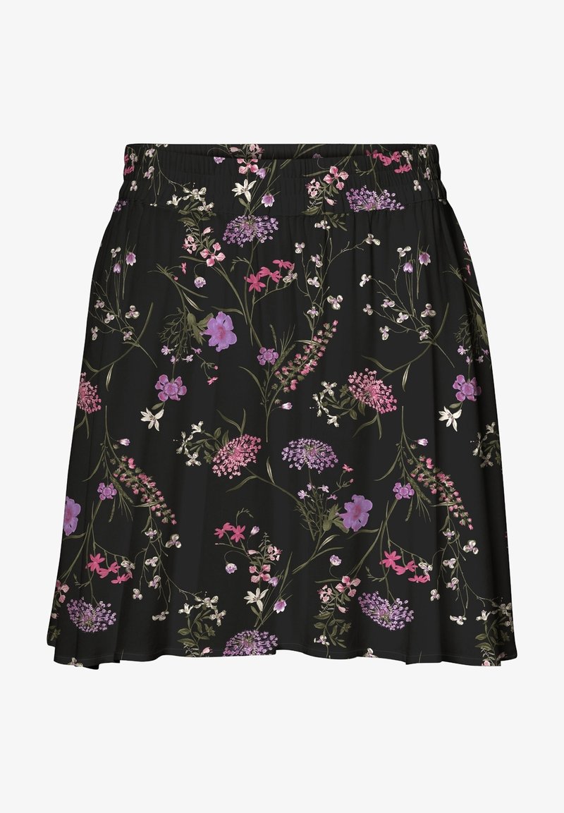 Jupe noire avec taille élastique ornée d'un motif floral en nuances de rose, violet, blanc, et de tiges et feuilles vertes.