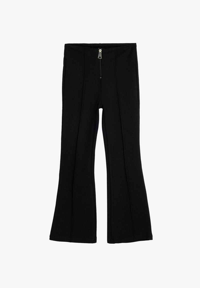 Schwarze ausgestellte Hosen aus dehnbarem Stoff. Verfügt über einen Reißverschluss vorne und vertikale Nahtdetails für eine maßgeschneiderte Passform.