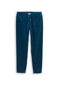 Dark teal corduroy pants featuring a drawstring waist, two front pockets, and a tapered leg design. Soft texture with subtle ribbing.