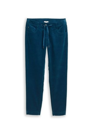 Pantalons en velours côtelé dans un bleu canard foncé avec une taille à cordon de serrage, deux poches avant et une coupe fuselée. Texture douce avec un léger côtelage.