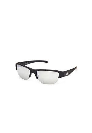 Sorte semi-rimless sports solbriller med spejlglas og et lille hvidt logo på skallen, vist på en hvid baggrund.