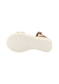 Sándal marrón con correas y plantilla de yute trenzado. Cuenta con una suela exterior de goma texturizada blanca y una hebilla plateada para un ajuste ajustable. Tamaño 37.