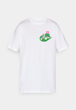 White cotton t-shirt featuring a colorful graphic design in green and pink, depicting cacti and flowers on the left chest area.