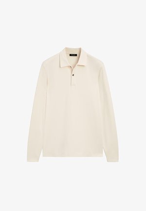 Langærmet polo i lys creme med klassisk krave, trekantsknaplukning og subtil tekstur, lavet af blødt stof.