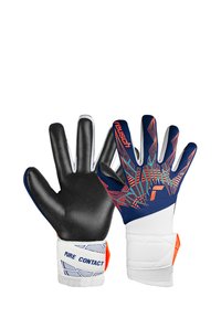 Torwarthandschuhe mit einer schwarzen Latex-Handfläche, einem blauen und roten Muster auf dem Handrücken, einem weißen Handgelenkband mit dem Aufdruck "PURE CONTACT" und strukturierten Details.