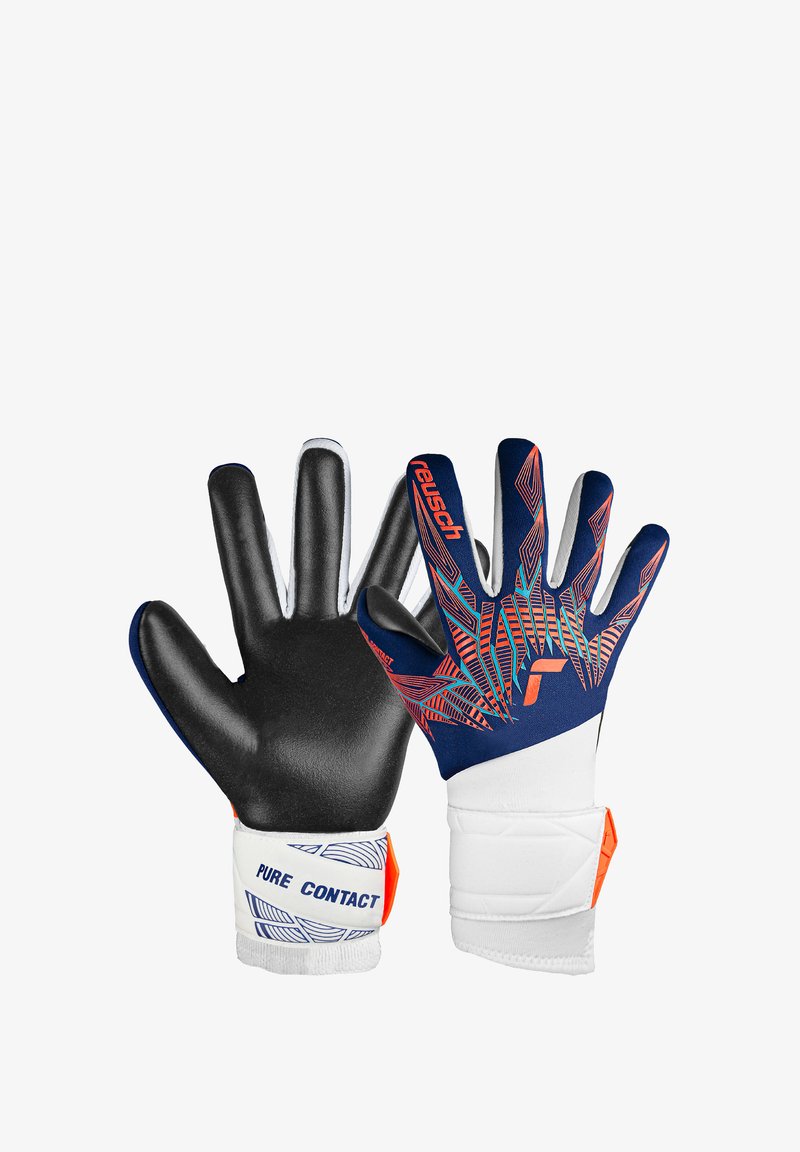 Torwarthandschuhe mit einer schwarzen Latex-Handfläche, einem blauen und roten Muster auf dem Handrücken, einem weißen Handgelenkband mit dem Aufdruck "PURE CONTACT" und strukturierten Details.