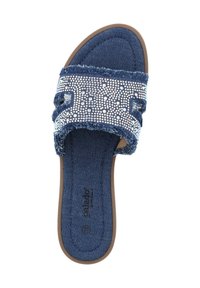 Jeans slide-sandal med två texturerade remmar prydda med rhinestones, en vadderad innersula och en flexibel gummiyttersula.