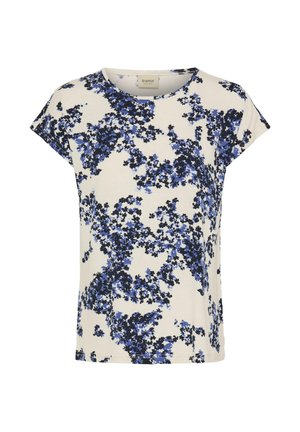 Valge lühikeste varrukatega särk sinise ja musta lillemustriga, ümar kaelus ja lõdva lõikega.