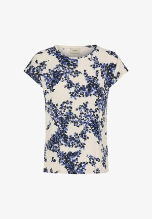 Bela srajca s kratkimi rokavi, modrim in črnim cvetličnim vzorcem, okrogel izrez in sproščen kroj.