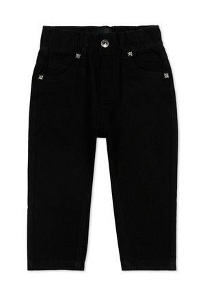 Pantaloni neri per bambini piccoli con fascia elastica in vita, chiusura con bottone argentato, tasche frontali e borchie decorative argentate sulle tasche.