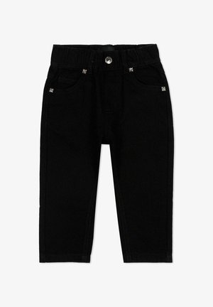 Pantaloni neri per bambini piccoli con fascia elastica in vita, chiusura con bottone argentato, tasche frontali e borchie decorative argentate sulle tasche.