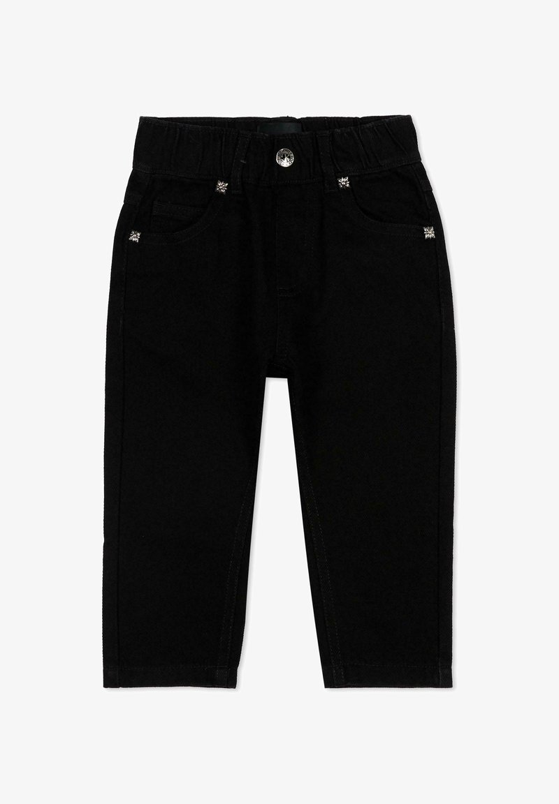 Pantaloni neri per bambini piccoli con fascia elastica in vita, chiusura con bottone argentato, tasche frontali e borchie decorative argentate sulle tasche.