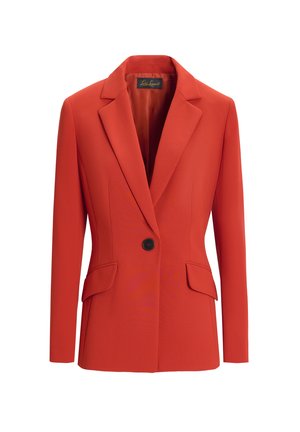 Red blazer with a notched lapel, single black button closure, and two front pockets. Made of smooth fabric with a tailored fit.