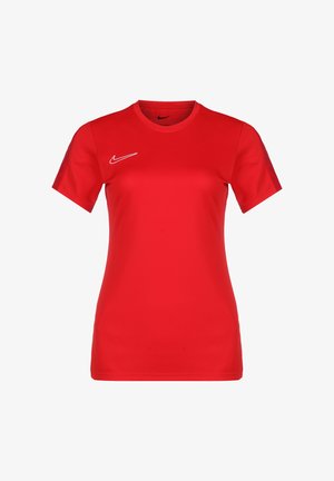 Red short-sleeve athletic shirt made of smooth, lightweight fabric. Features a black Nike logo on the left chest and a round neckline.